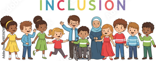 Diverse group of children and adult celebrating inclusion, unity, diversity, equality, accessibility, friendship, multicultural harmony, togetherness, acceptance – flat vector illustration