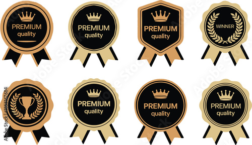 Vector set of premium quality and winner gold badges with laurel wreaths, crowns, and ribbons for excellence award, certification, and product branding.