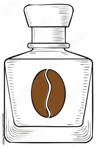 Illustration of coffee bean in a bottle. Vintage style drawing of a caffeine beverage product.