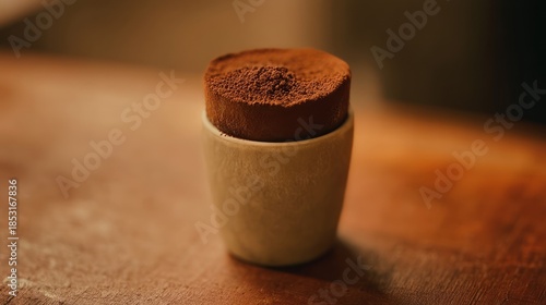 Close up of a single chocolate souffle dessert in a small ceramic cup