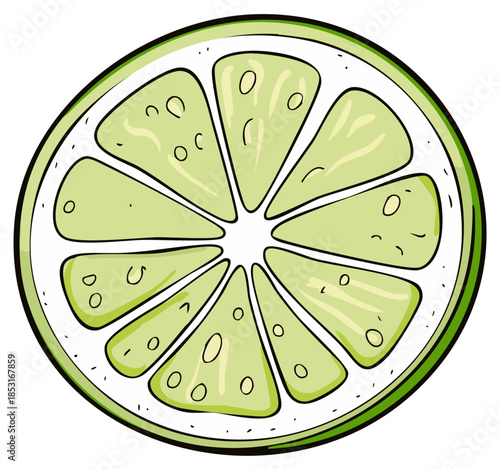 Bright Green Lime Fruit Slice Cross Section Hand Drawn Cartoon Illustration