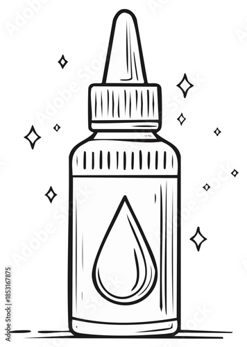 Simple outline illustration of a magic potion or cosmetic serum in a sparkling dropper bottle