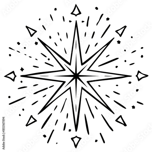 Hand drawn shining starburst illustration with sparkles and light rays. Black and white doodle style celestial symbol.