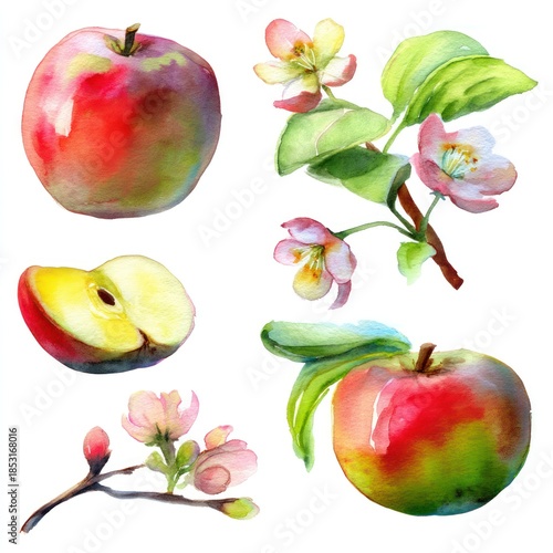 Watercolor apples with blossoms isolated on white background