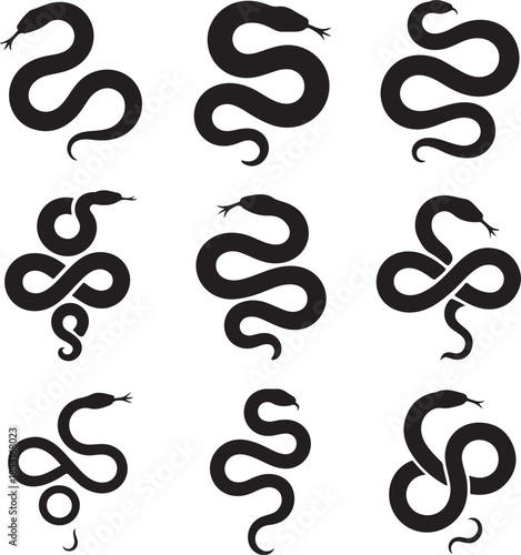 Set of Nine Black Snake Icons and Silhouettes in Dynamic Poses on White Background serpent reptile