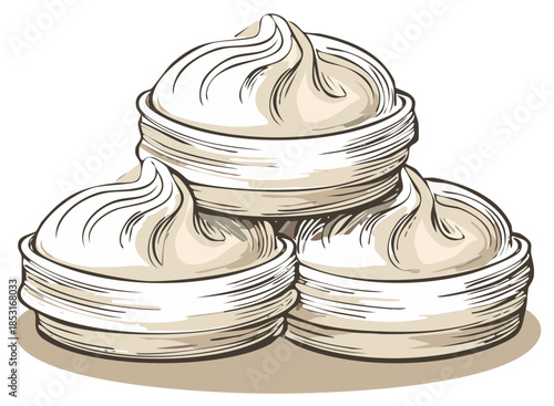 Stacked traditional steamed dumplings in bamboo dim sum baskets. Hand drawn Asian street food illustration.
