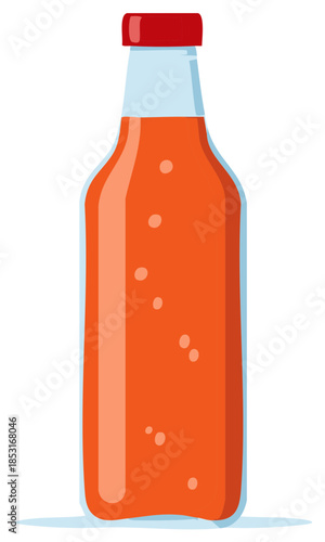 Glass bottle filled with orange beverage and bubbles, sealed with red cap