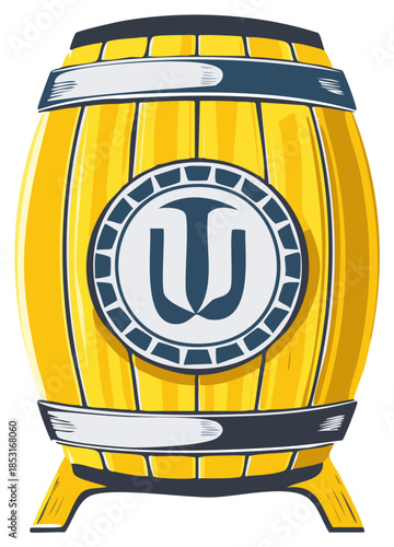 Wooden barrel illustration with decorative emblem and accents.