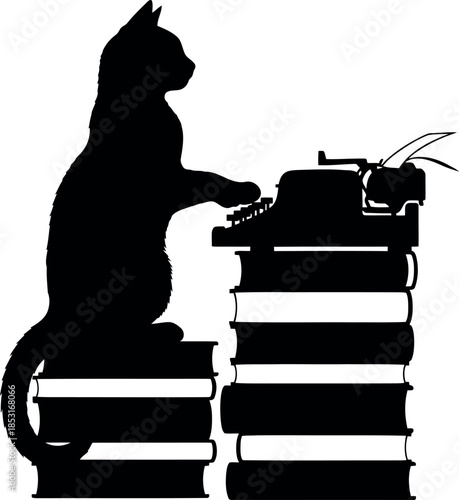 Silhouette Cat Typing on Typewriter with Stacked Books Vector Illustration for Writers