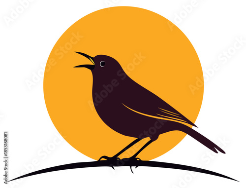 Silhouette of a bird singing with a yellow sun setting in the background