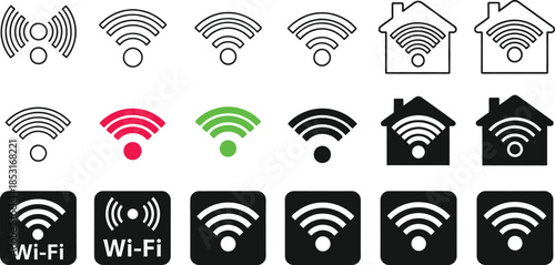 Collection of Wi-Fi symbols, network signal icons, wireless connection indicators, and internet access logos for digital communication and connectivity