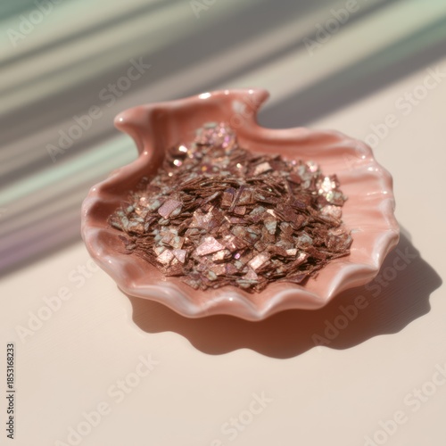 Close up of pink seashell shaped dish filled with glitter against a light backdrop