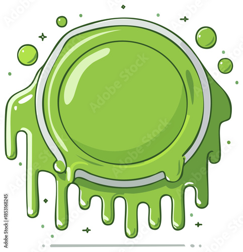 Green slime dripping from a circular container with bubbles and sparkles