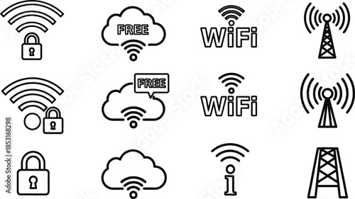 Vector collection of line art symbols illustrating wireless network connectivity, secured and free internet access, signal strength, and communication tower concepts for modern digital infrastructure