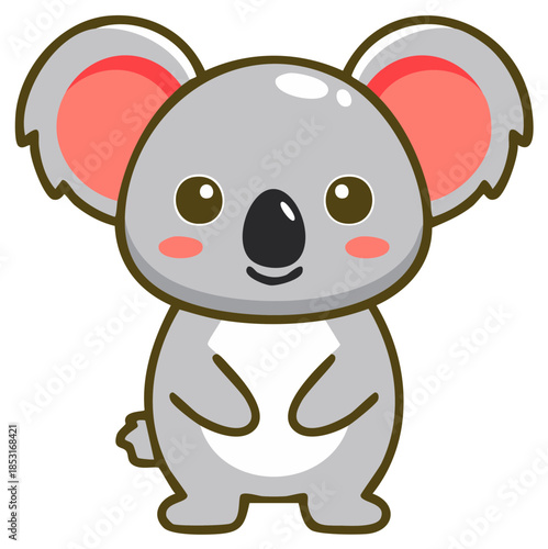 Adorable cartoon koala illustration standing and smiling. Cute grey Australian animal with big ears and pink cheeks.