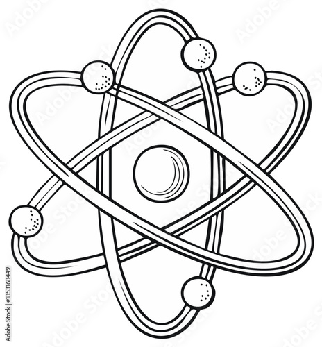 Stylized Atom Illustration Depicting Orbiting Electrons around Nucleus for Educational Resources, Coloring Page