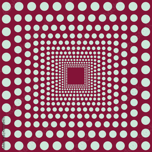 Pattern created by squares of pale mint green circles on a maroon background, getting progressively smaller