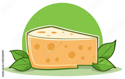 Appetizing wedge of holey cheese with fresh basil leaves cartoon vector illustration