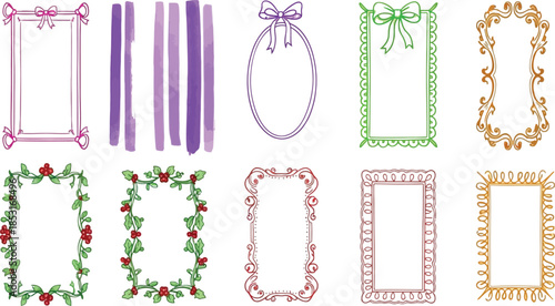 A charming collection of diverse hand-drawn decorative frames, featuring various styles, colors, and ornate patterns perfect for creative design projects and invitations
