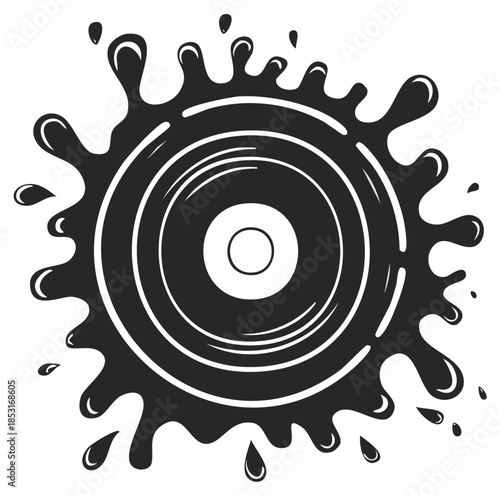 Black and white abstract vinyl record design with splash and drops