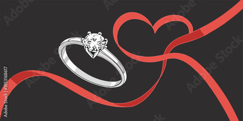 Romantic white gold engagement ring with diamonds and heart-shaped ribbon, perfect for wedding jewelry, set against a black backdrop.