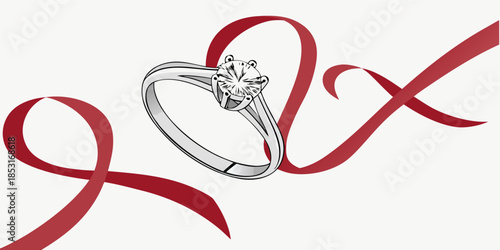 Romantic white gold engagement ring, diamonds, and heart-shaped ribbon, displayed on a vibrant white background for a wedding setting.