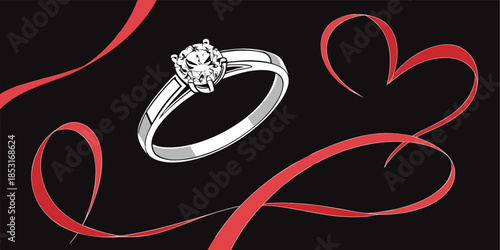 White gold engagement ring with sparkling diamonds and a heart-shaped ribbon, displayed on a romantic black background for weddings.