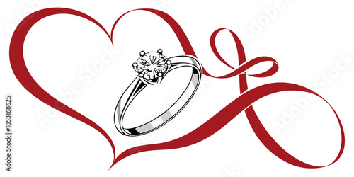 White gold engagement ring with diamond accents, heart-shaped ribbon, set on a white background, ideal for wedding jewelry designs.