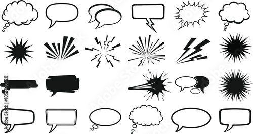 Collection of diverse speech bubbles and comic book explosion icons for communication and expression