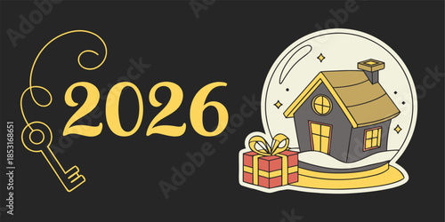 Creative 2026 New Year design with golden keys and a snow globe containing a cozy house, 3D render illustration.