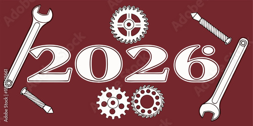 Creative 2026 New Year design template with nuts, bolts, and wrenches, 3D render illustration on engineering and construction.