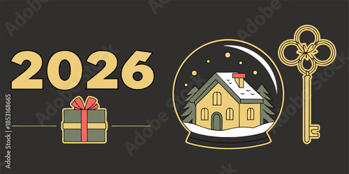 2026 New Year design template featuring golden keys and a snow globe with a cozy house, 3D rendered illustration.