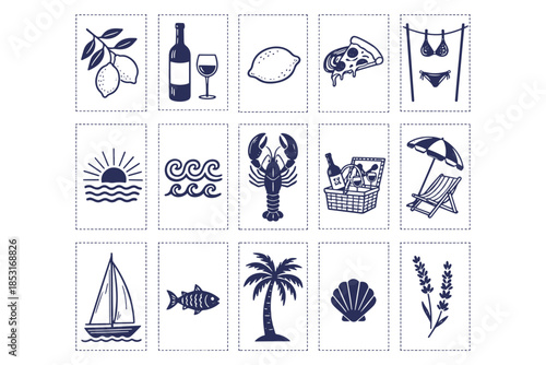 set of summer icons,
Italian Amalfi & Sicily Vacation Vector Stamps – Hand-Drawn Chalk & Charcoal Doodle Illustrations