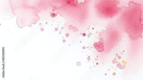 Pink watercolor splatters on white background with colorful dots and splotches
