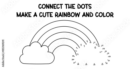 Connect the dots activity for kids to create and color a cute rainbow with clouds
