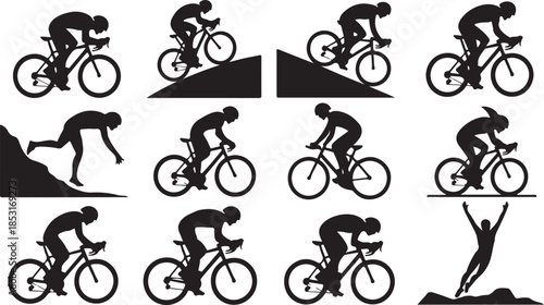 Silhouette Collection of Cyclists Riding Bicycles on Different Terrains and Poses cycling sport