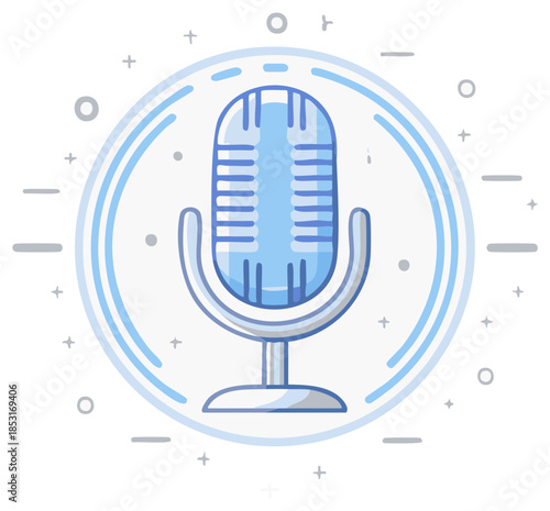 Retro microphone icon with radiating lines and circular emblem for audio recording and broadcasting
