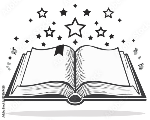 Open magic book with stars radiating upwards symbolizing imagination and knowledge