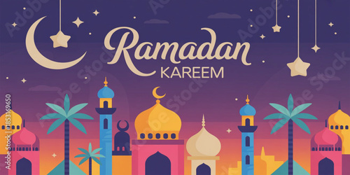 Ramadan Kareem 2026 Vibrant Islamic Mosque Illustration and Greeting Banner for the Holy Month of Fasting - High Quality Spiritual Graphic for Celebration, Social Media, and Festive Digital Decor.