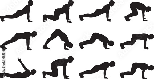 Silhouette Collection of Human Figures Performing Various Exercise Movements fitness workout