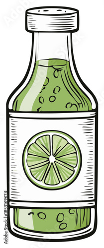 Hand Drawn Illustration of a Green Liquid Bottle with a Lime Slice Label and Bubbles