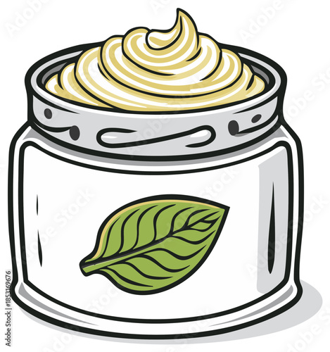 Cartoon illustration of a jar of cream with green leaf