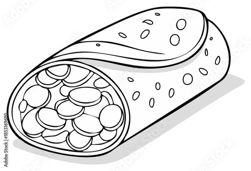 Black and white line art illustration of a delicious burrito with various toppings or fillings inside, rolled up tortilla