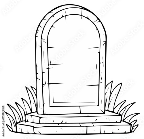 Stylized outline of an empty tombstone with arched top on a stone base and grass