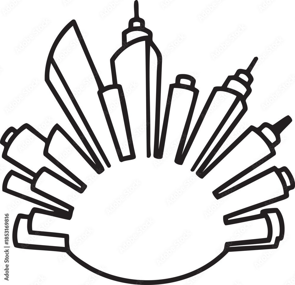 Fototapeta premium Black and white abstract graphic of radiating city skyline buildings architecture