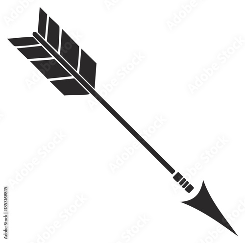 Angled Silhouette of Feathered Arrow Pointing Downward, Symbol of Accuracy, Archery, History or Weapon