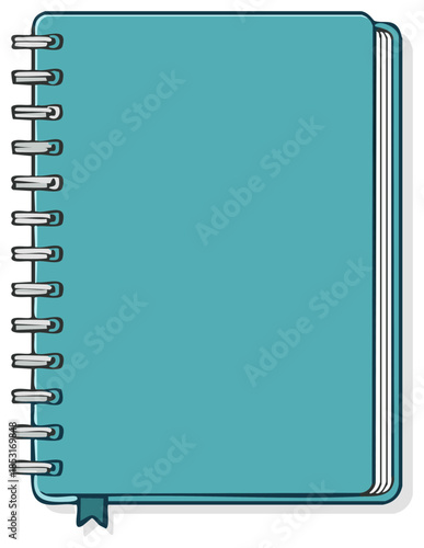 Teal notebook with coil binding and ribbon bookmark. Vector illustration of a blank journal.