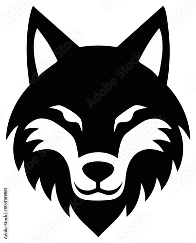 Graphic illustration of a stylized black wolf head, simple minimalist design