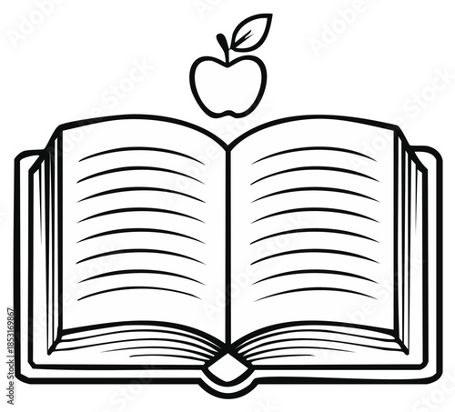 Open Book with Apple Overhead Simple Line Art Symbolizing Knowledge and Education