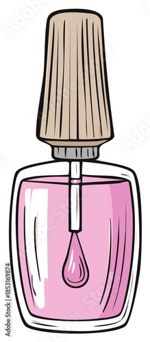 Illustration of an open pink nail polish bottle with a dripping applicator brush